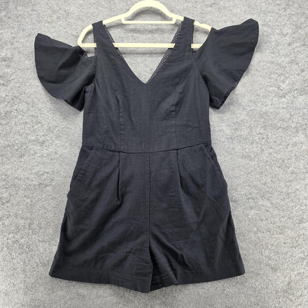 Elevenses Romper Womens 8 Black V Neck Flutter Sleeve Textured Short Jumpsuit